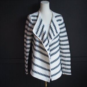 Talbots | Black & White Knit/Woven Open Cardigan